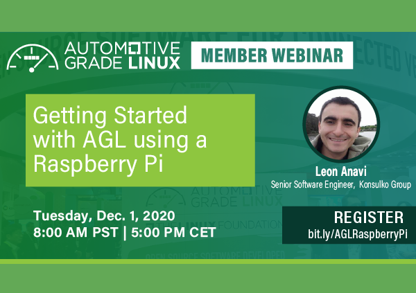 Konsulko AGL Webinar | Konsulko Group Webinar banner: 'Getting Started with AGL using a Raspberry Pi' with speaker Leon Anavi and a Register button.