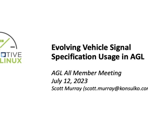 Image of a slide of a presentation on Evolving Vehicle Signal Specifications in AGL 2023