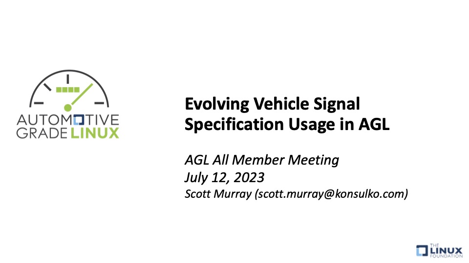 Evolving VSS Usage in AGL | Konsulko Group Image of a slide of a presentation on Evolving Vehicle Signal Specifications in AGL 2023