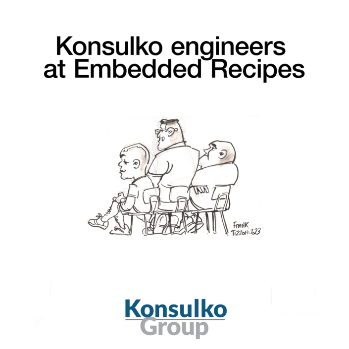 RecipesParis | Konsulko Group Group of engineers drawn in a sketch with the caption 'Konsulko engineers at Embedded Recipes' and the blue 'Konsulko Group' logo beneath.