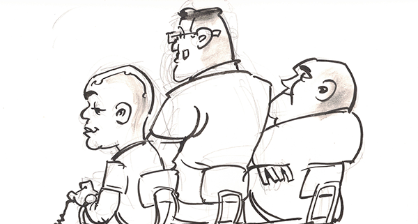 Caricature of three Konsulko Group engineers at a conferences