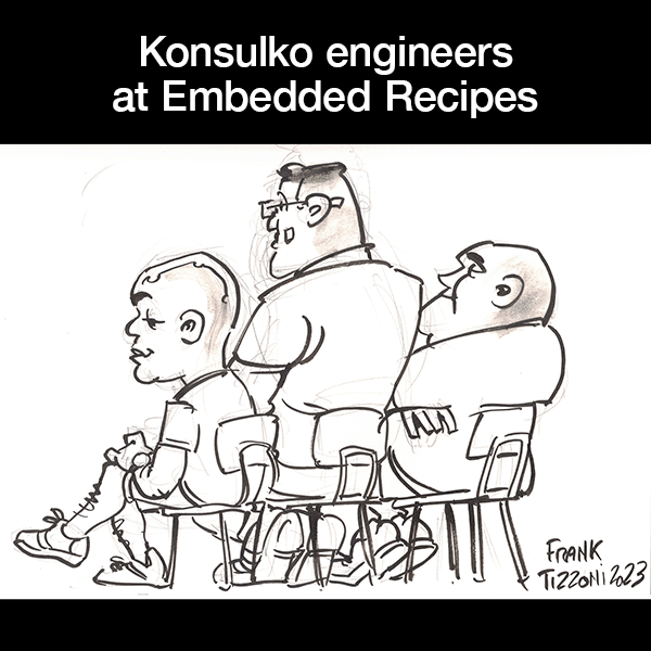 Caricature of three Konsulko Group engineers at a conferences