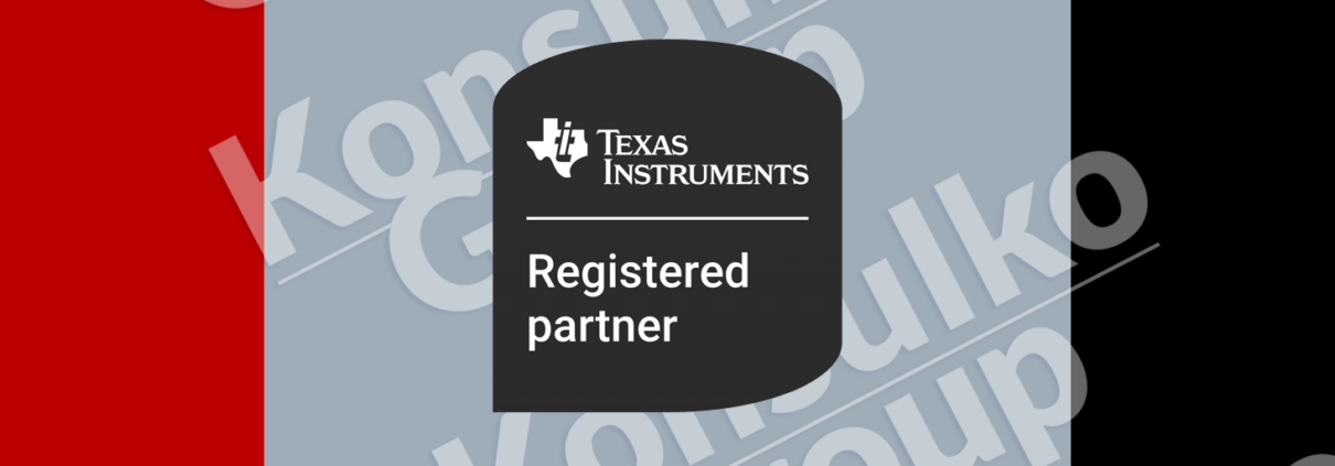 TI Registered Partner graphic 4 | Konsulko Group Texas Instruments Registered partner badge centered on a light gray backdrop with a red left stripe, black right stripe, and a repeated 'Konsulko Group' watermark
