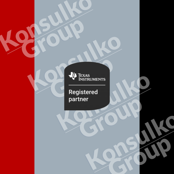 TI Registered Partner graphic 4 | Konsulko Group Texas Instruments Registered partner badge centered on a light gray backdrop with a red left stripe, black right stripe, and a repeated 'Konsulko Group' watermark