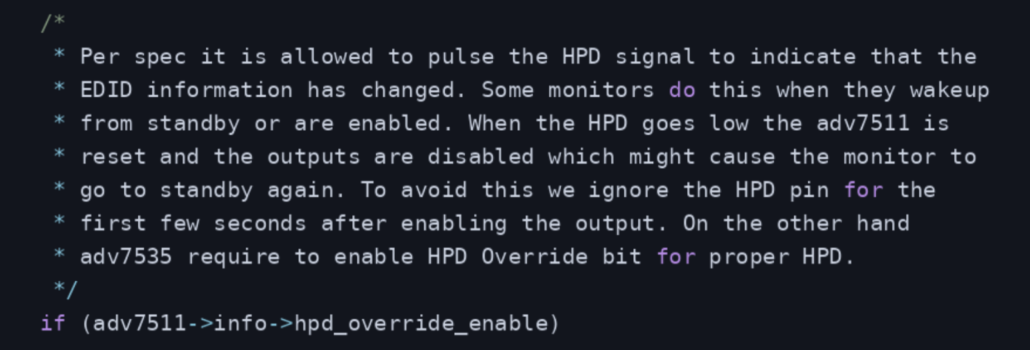Debugging an HDMI Hotplug 1 | Konsulko Group Comment block explaining HPD signal behavior and EDID changes during wakeup; mentions adv7511 reset, standby, and HPD pin handling.
