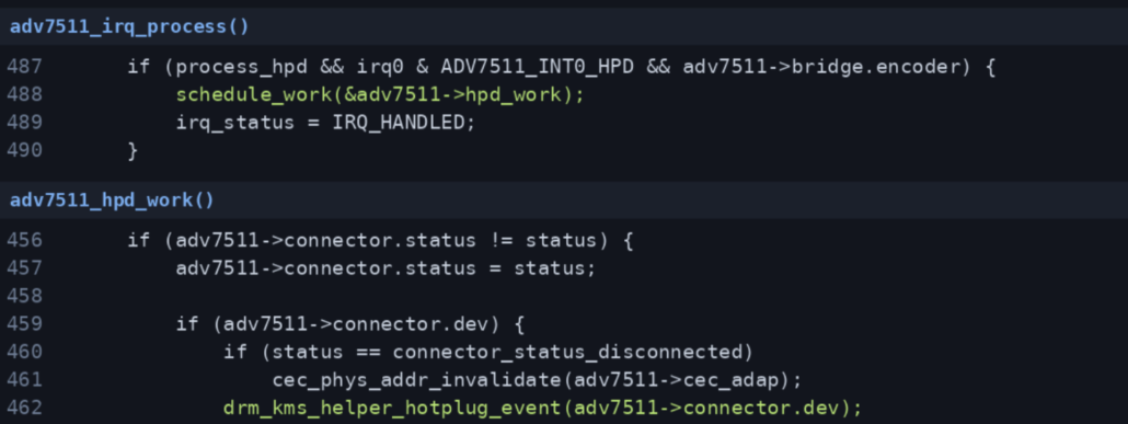 Debugging an HDMI Hotplug 2 | Konsulko Group Code screenshot showing two functions, adv7511_irq_process and adv7511_hpd_work, handling HDMI hotplug and IRQs in a driver. Subtle syntax and comments visible in a dark IDE.