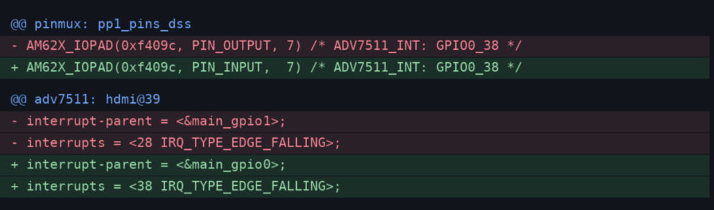 Debugging an HDMI Hotplug 3 | Konsulko Group Patch diff: AM62X IOPAD direction changes from PIN_OUTPUT to PIN_INPUT; ADV7511 GPIO pin label updated and comment preserved.